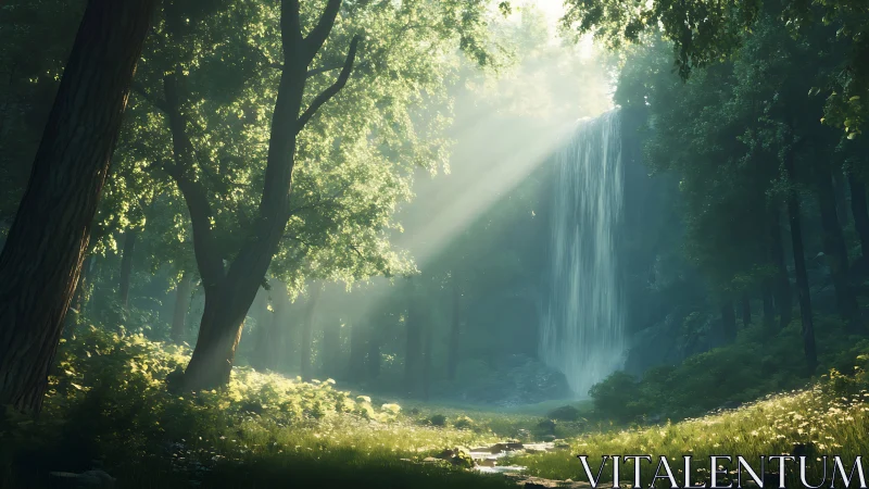 Waterfall Through Ancient Forest Canopy.