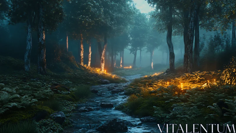 Luminescent Forest Stream: Ancient Woodland Ravine with Volumetric Atmospheric Rendering