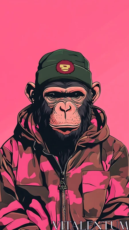 Streetwear chimp portrait pops against vivid pink field.