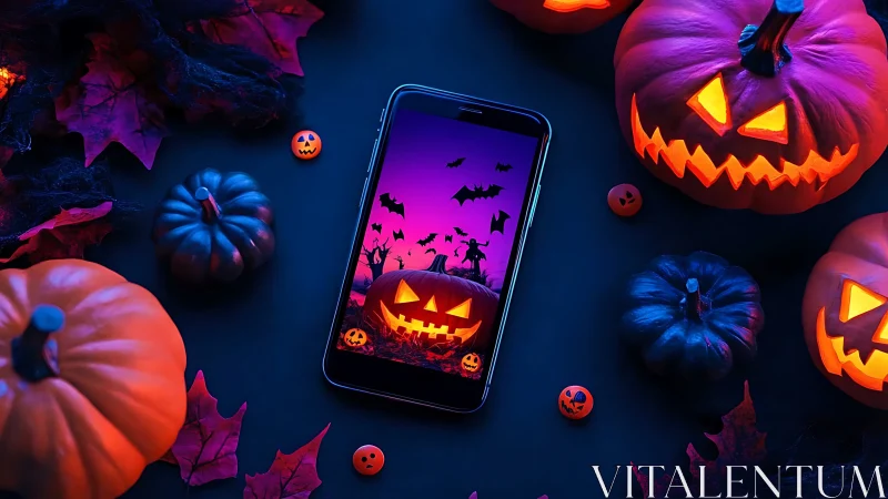 Halloween smartphone display amid neon jack-o-lantern glow.