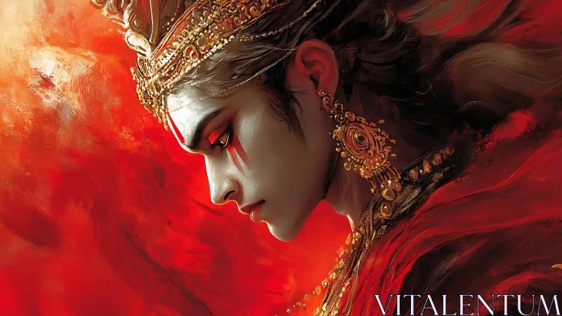 Digital painting profile of regal warrior in molten reds.