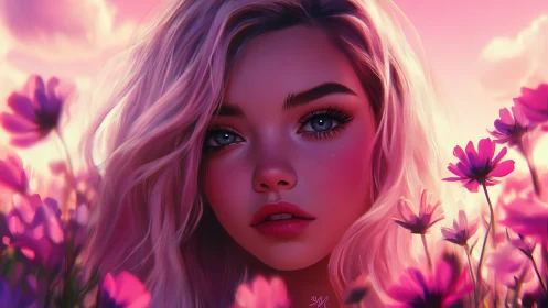 Digital portrait of young woman in pink flower field.