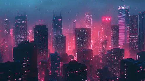 Neon-lit cyberpunk city skyline glows through rainy night