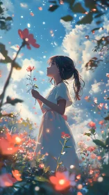 Girl in white dress holds flower under glowing spring sky