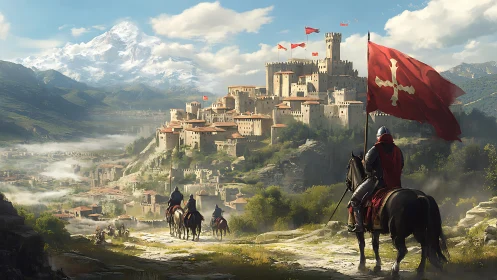 Crimson standard rides toward sunlit mountain citadel.