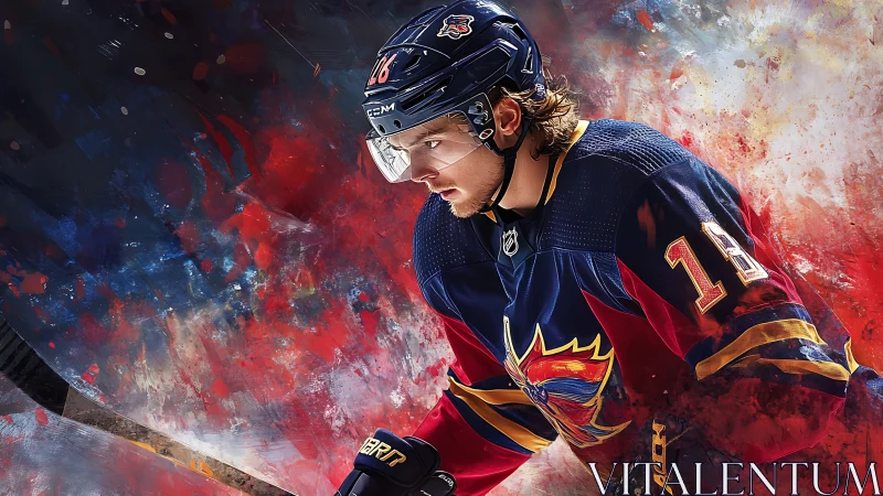 Electric ice hockey hero charging through vivid color storm.