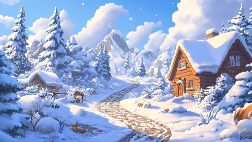 Digital painting of a snowbound alpine village with warm cabins.