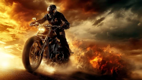 Motorcyclist riding through smoke under dramatic sky.