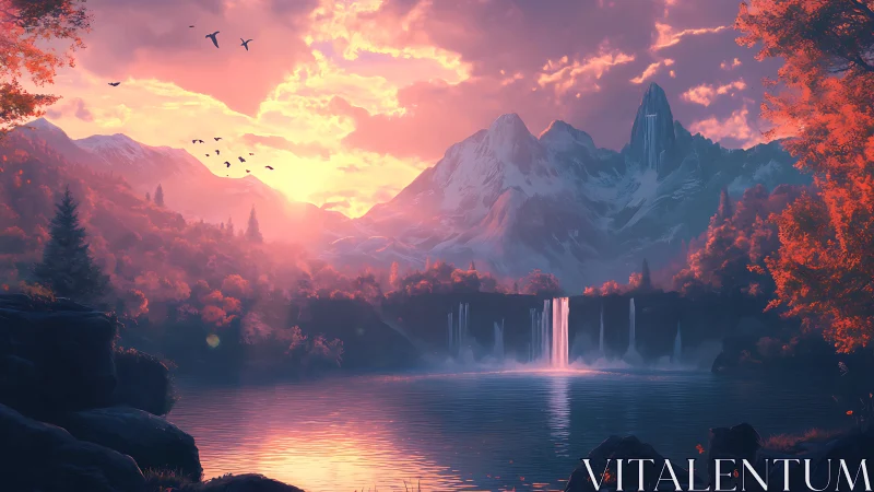 Digital landscape shows lake, waterfalls and distant mountains