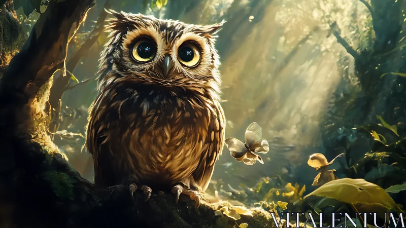 Whimsical owl with large eyes in magical sunlit forest scene.