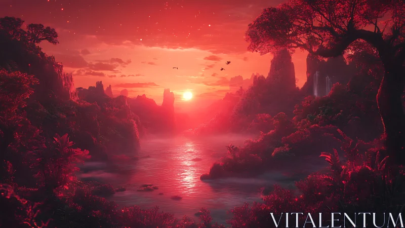 Crimson bioluminescent river valley at atmospheric red sunset