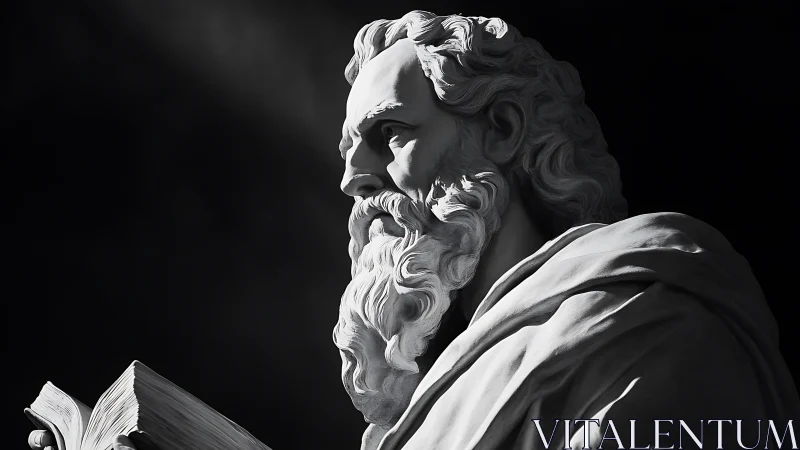 Marble philosopher bust in raking chiaroscuro illumination.