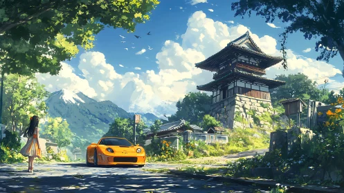 Orange sports car under temple tower in sunny mountain village.