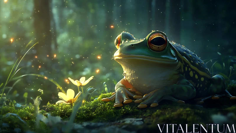 Serene forest frog watches glowing fireflies over moss