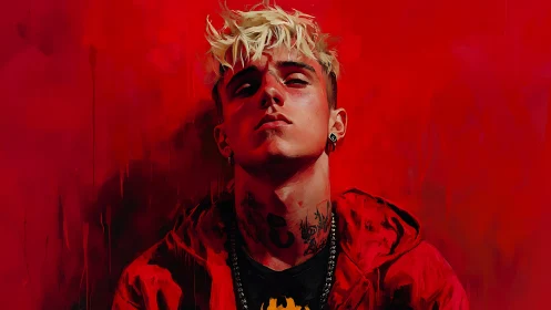 Tattooed youth portrait against saturated red painterly field