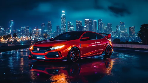 Crimson street rocket hums beneath neon soaked city glow