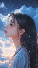 Profile portrait of celestial girl rendered in soft digital light