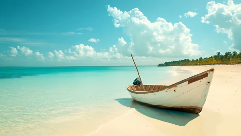 Sunlit wooden boat rests quietly on a calm tropical shore