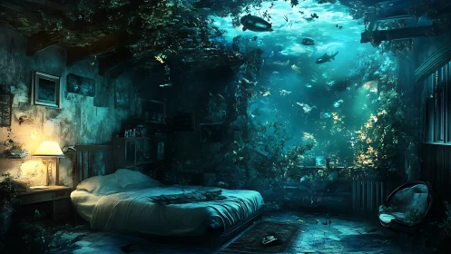 Submerged bedroom interior merging aquatic and domestic space.