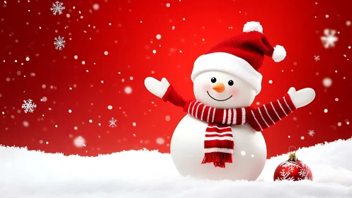 Cheerful snowman conductor in a red winter snowfall spotlight.