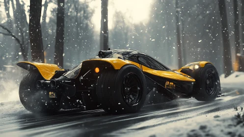 Futuristic yellow hypercar powers through snowy forest road.