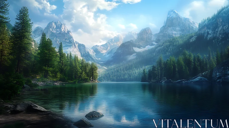 Mountain lake with evergreen forest and distant snowy peaks.