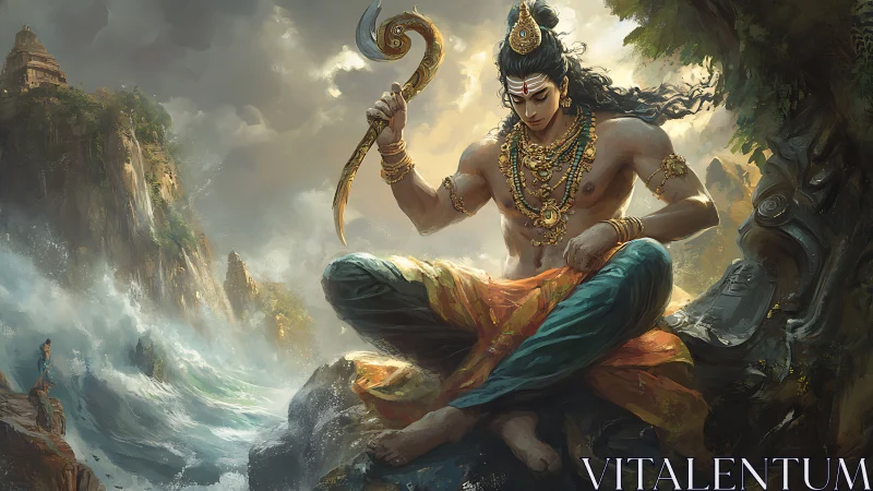 Seated figure with trident above turbulent coastal landscape