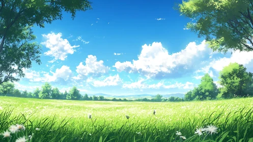 Sunlit meadow stretches beneath vivid blue summer sky