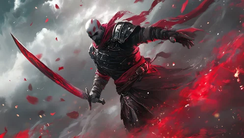 Armored warrior with red sword amid swirling red mist.