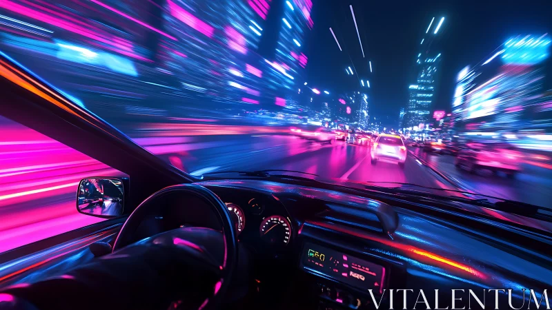 Neon city highway from driver view, vivid motion blur.