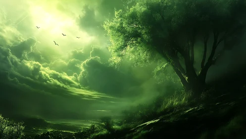 Luminescent green storm sky engulfs solitary hillside tree