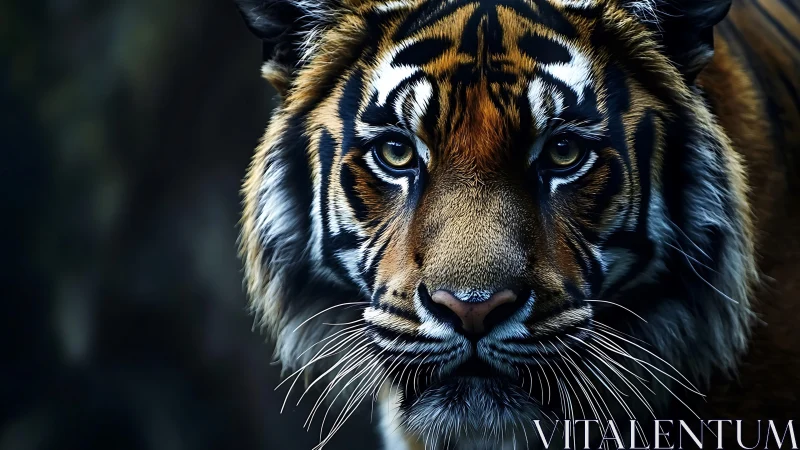 Close frontal portrait of tiger against dark blurred background.