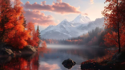 Autumn lake reflection below snowcapped mountain peaks at dawn.