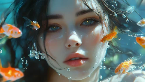 Underwater female face with goldfish and suspended bubbles.