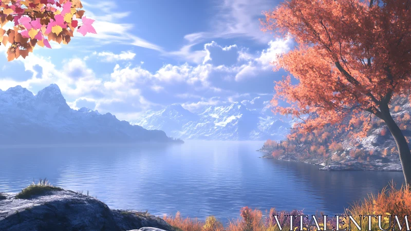 Mountain lake with bright autumn trees and clear blue sky.