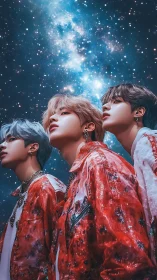 Trio of cosmic dreamers gaze upward beneath starry galaxy.