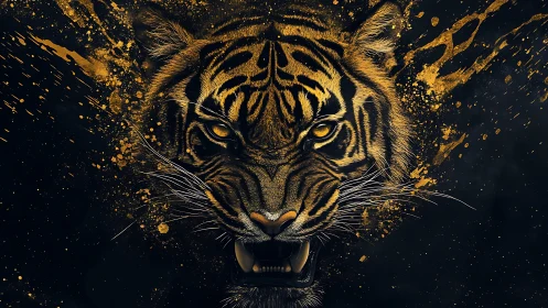 Roaring tiger portrait bursting through golden paint splashes.