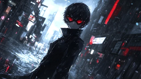 Masked vigilante stands in neon-soaked, rain-swept cityscape