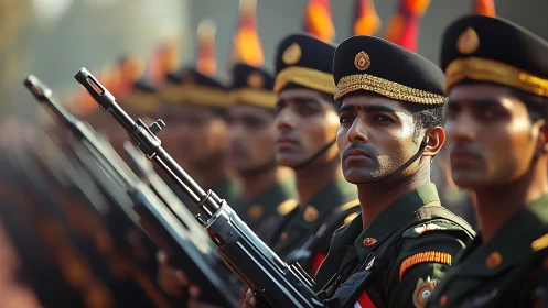 Military parade formation with rifles aligned in shallow depth of field