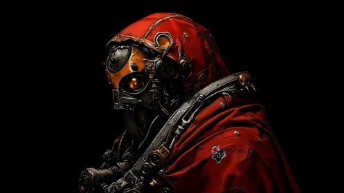 Cybernetic monk portrait reveals armored respirator and red cowl