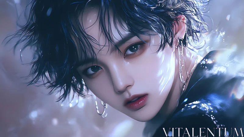 Digital portrait shows stylized person with wet hair and jewelry