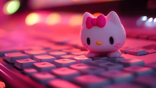 Cute cat figurine on keyboard under pink neon lights.