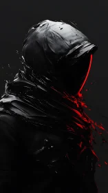 Hooded cyber-silhouette with liquid black armor and red fracture.