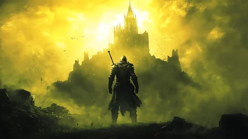 Armored warrior confronts distant castle in toxic yellow fog