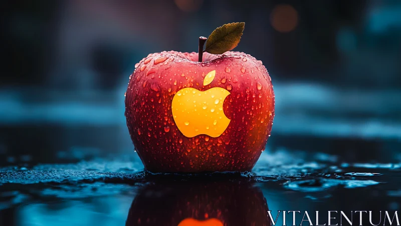 Hyperreal wet apple bearing luminous tech emblem in water.