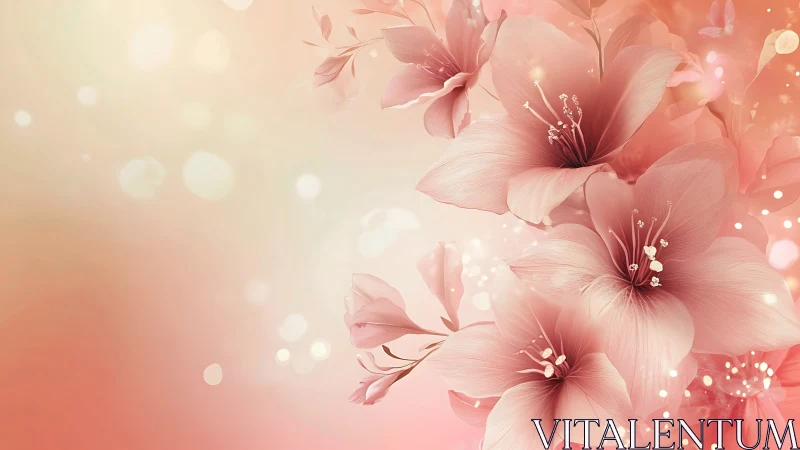 Botanical illustration displaying pink flowers with soft bokeh background treatment.
