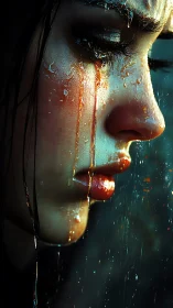 Wet profile portrait captures silent sorrow in harsh rain