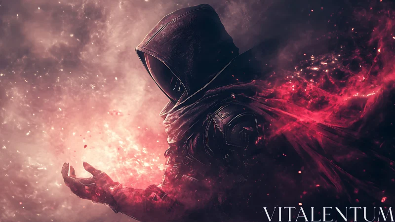 Hooded voidcaster quietly sculpts crimson nebula fire