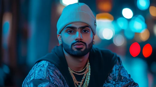 Neon city calm with a cool beanie and quiet confidence.