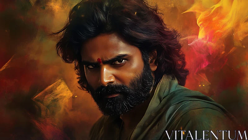 Smoldering warrior gaze amid swirling ember-drenched storm.